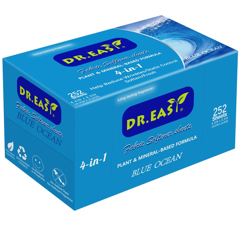 DR. EASY DR.EASY Dryer Sheets Plant Based Formula 252 Ct BLUE OCEAN,Softener sheets for Laundry Unscented No Dyes Reduce Static & Wrinkles Help Repel Pet Hair - Image 1